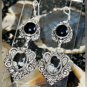 Snowflake Obsidian & Black Onyx Earrings 2 1/2”